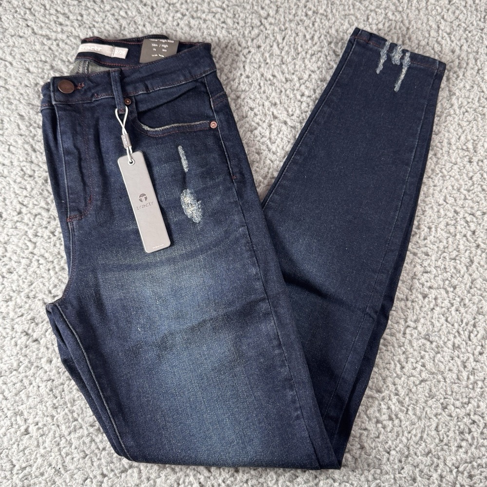 Tractr Nina High Rise Indigo Dyed‎ Distressed Dark Blue Jeans Sz 2/26 NWT